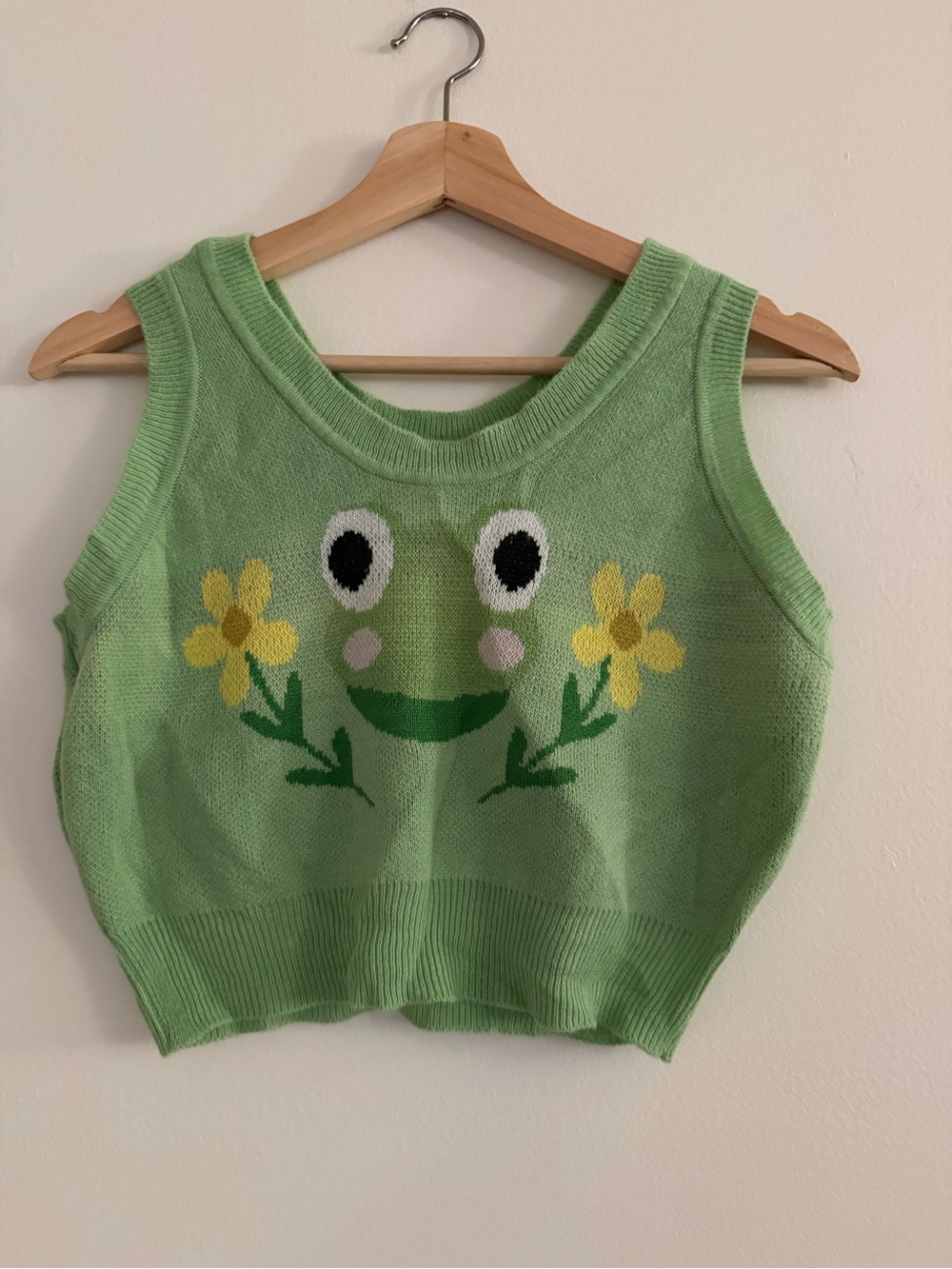 Whimsical Green Frog Flower Knit Sweater Vest